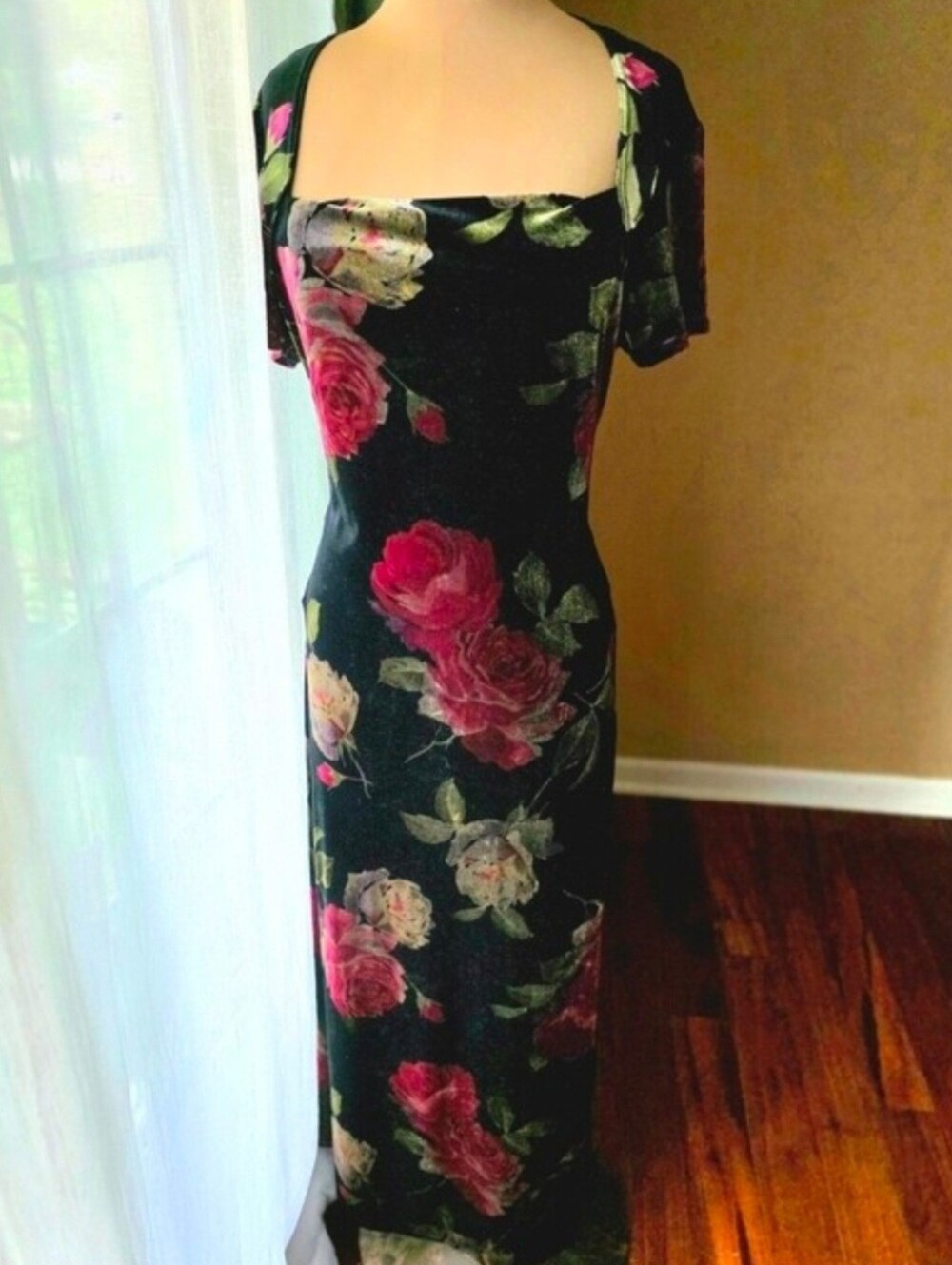Vintage 90s Whimsigoth Velvet Rose Maxi Column Dress Black Pink Dressbarn 10